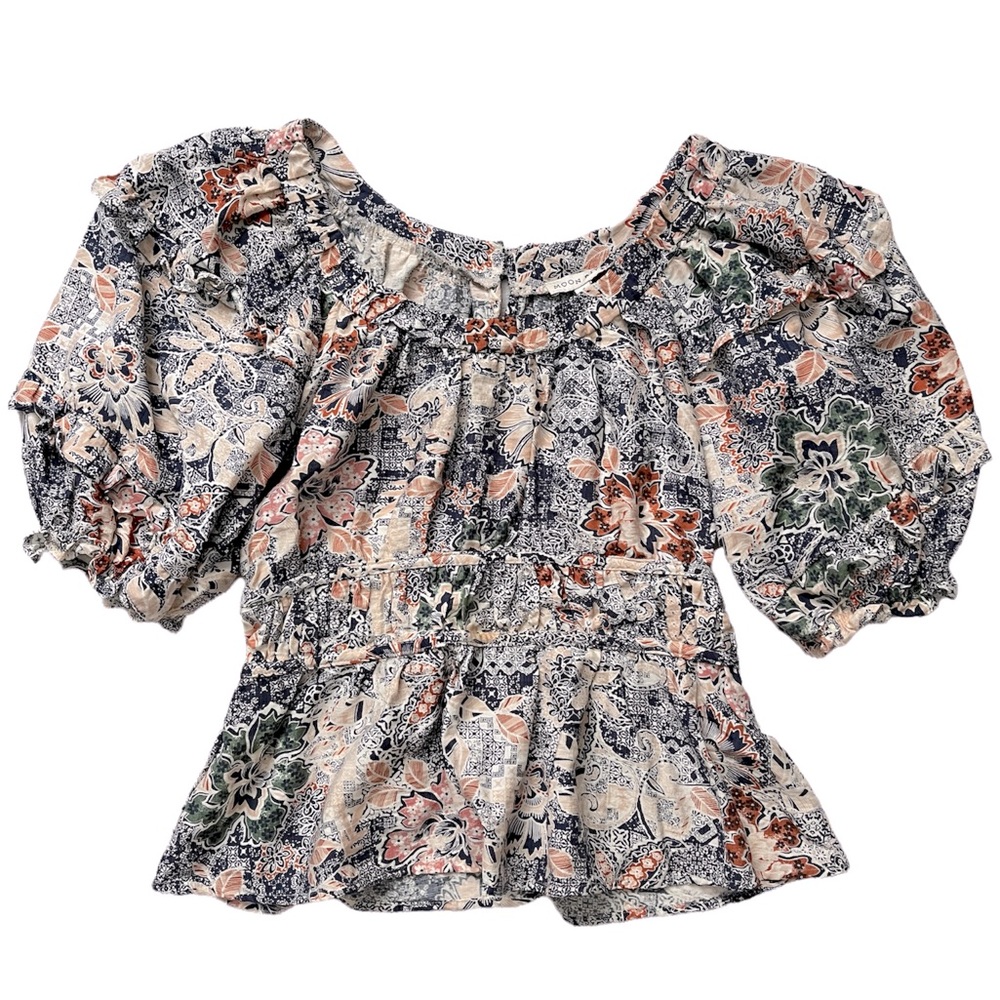 Moon River Boho Prairie Puff Sleeve Floral Ruffled Peasant Blouse